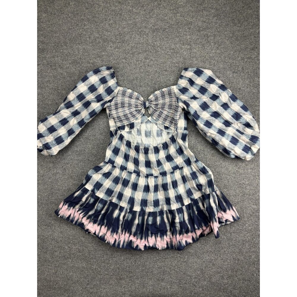Sachin & Babi Dress Womens Small Blue White Gingham Smocked Puff Sleeve Mini